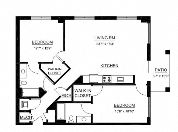 Floor plan for 2 beds, 2 baths, 1292 sqft